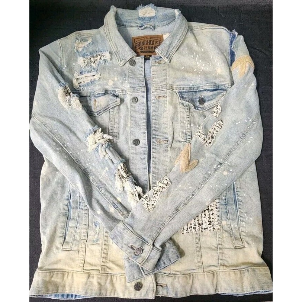 Grindhouse Mens‎ Distressed Jean Jacket Size XL Denim Colorful Paint Splatter